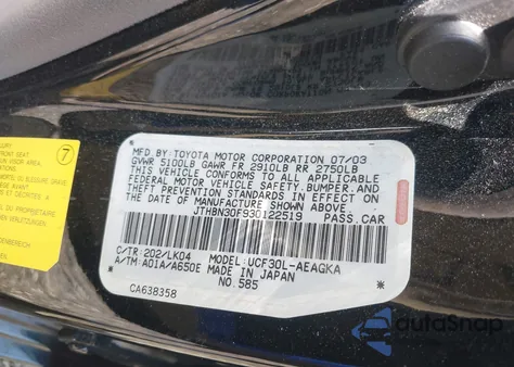 2003 Lexus Ls из США, поврежденный, VIN JTHBN30F930122519